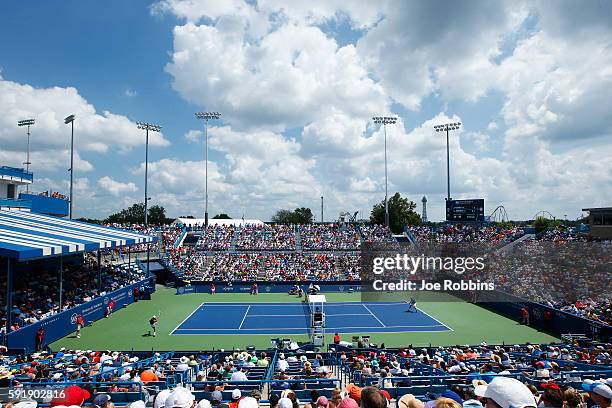 General view of the grandstand court as Steve Johnson of the United States plays against Jo-Wilfried Tsonga of France during a round three match on...