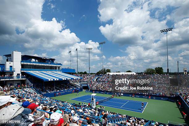 General view of the grandstand court as Steve Johnson of the United States plays against Jo-Wilfried Tsonga of France during a round three match on...