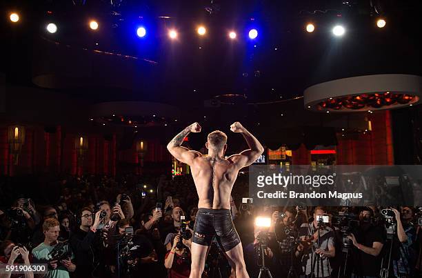 Conor McGregor holds an open workout for media and fans during the UFC 202 Open Workouts at the Red Rock Casino Resort on August 18, 2016 in Las...