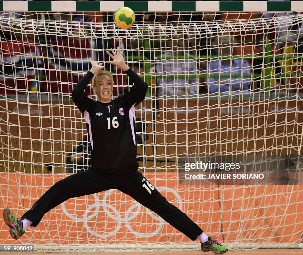 Norway's goalkeeper Katrine Lunde tries to stop the ball during the women's semifinal handball match Norway vs Russia for the Rio 2016 Olympics Games...