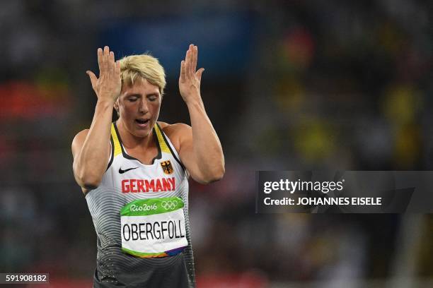 Germany's Christina Obergfoll reacts in the Women's Javelin Throw Final during the athletics event at the Rio 2016 Olympic Games at the Olympic...