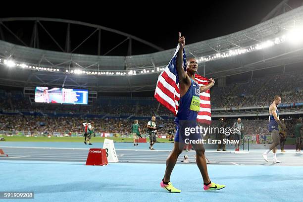 Ashton Eaton of the United States celebrates after the Men's Decathlon 1500m and winning gold overall on Day 13 of the Rio 2016 Olympic Games at the...