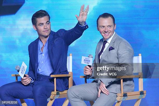 Actors Chris Pine and Simon Pegg attend "Star Trek Beyond" press conference at Indigo Mall on August 18, 2016 in Beijing, China.