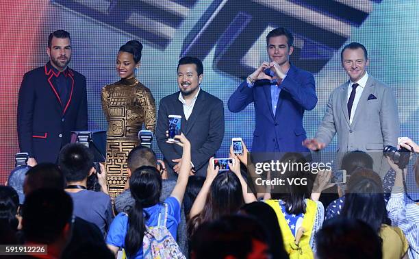 Actors Zachary Quinto, Zoe Saldana, director Justin Lin, Chris Pine and Simon Pegg attend "Star Trek Beyond" press conference at Indigo Mall on...