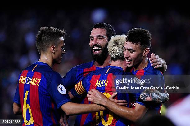 The F.C.Barcelona players, Denis Suárez, Lionel Messi, Arda Turan and Munir celebrating the Lionel Messi goal, during the F.C.Barcelona vs Sevilla...