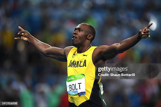 Usain Bolt of Jamaica celebrates after winning the Men's 200m Final on Day 13 of the Rio 2016 Olympic Games at the Olympic Stadium on August 18, 2016...