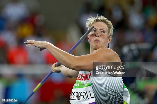 Christina Obergfoll of Germany competes during the Women's Javelin Throw Final on Day 13 of the Rio 2016 Olympic Games at the Olympic Stadium on...