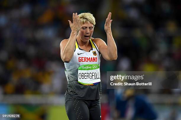 Christina Obergfoll of Germany competes during the Women's Javelin Throw Final on Day 13 of the Rio 2016 Olympic Games at the Olympic Stadium on...