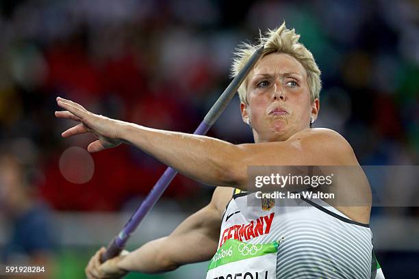 Christina Obergfoll of Germany competes during the Women's Javelin Throw Final on Day 13 of the Rio 2016 Olympic Games at the Olympic Stadium on...