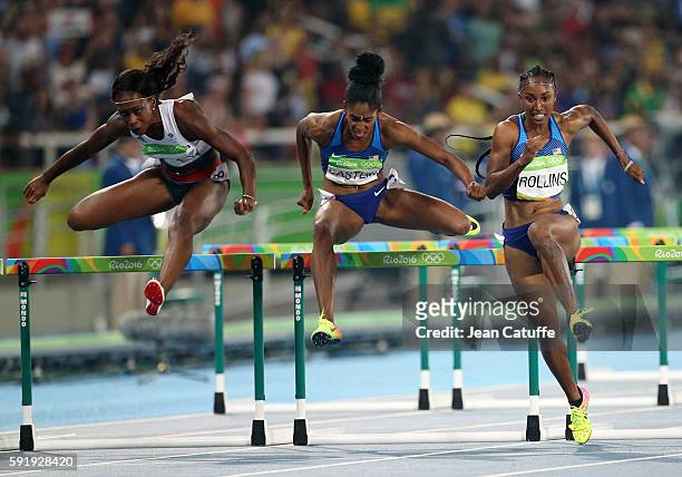 Cindy Ofili of Great Britain, Kristi Castlin and Brianna Rollins of USA compete in the Women's 100m Hurdles final on day 12 of the Rio 2016 Olympic...