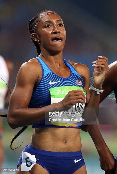 Brianna Rollins of USA celebrates winning the gold medal in the Women's 100m Hurdles final on day 12 of the Rio 2016 Olympic Games at Olympic Stadium...