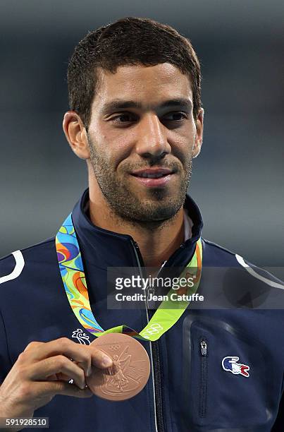 Bronze medalist Mahiedine Mekhissi of France poses during the medal ceremony for the Men's 3000m Steeplechase on day 12 of the Rio 2016 Olympic Games...