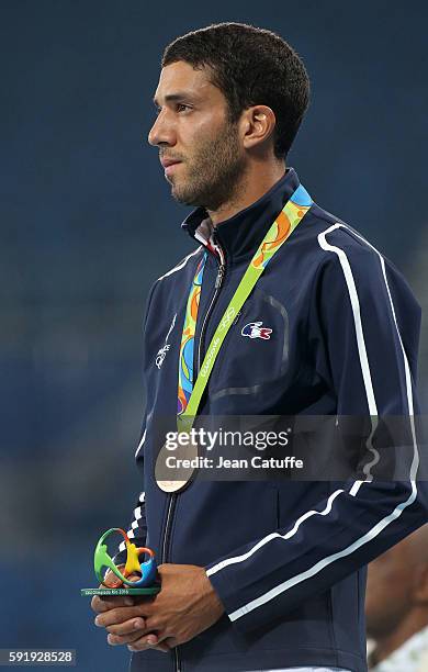 Bronze medalist Mahiedine Mekhissi of France poses during the medal ceremony for the Men's 3000m Steeplechase on day 12 of the Rio 2016 Olympic Games...