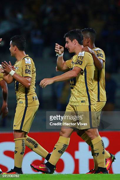 Saul Berjon of Pumas celebrates after scoring the second goal of his team during the match between Pumas UNAM and Honduras Progreso as part of the...