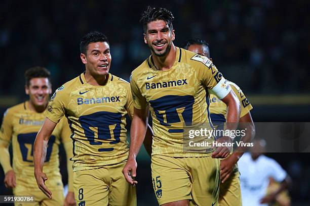 Eduardo Herrera of Pumas celebrates after scoring the first goal of his team during the match between Pumas UNAM and Honduras Progreso as part of the...