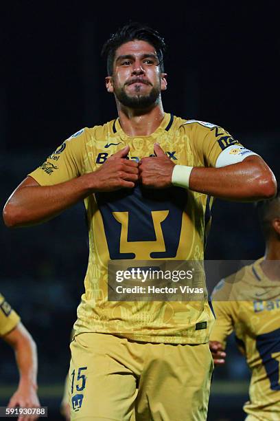 Eduardo Herrera of Pumas celebrates after scoring the first goal of his team during the match between Pumas UNAM and Honduras Progreso as part of the...