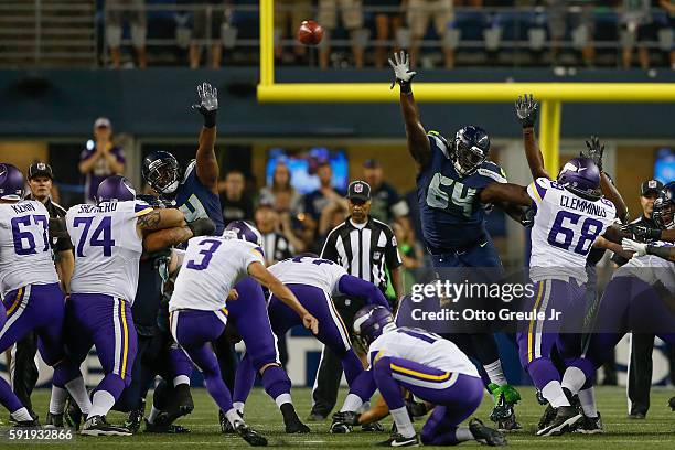 Kicker Blair Walsh of the Minnesota Vikings misses a field goal in the second half against the Seattle Seahawks at CenturyLink Field on August 18,...