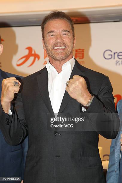 Actor and politician Arnold Schwarzenegger attends a press conference for first ever Arnold Classic Asia Sports Festival on August 19, 2016 in Hong...