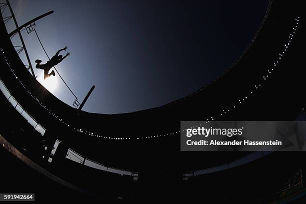 Ashton Eaton of the United States competes in the Men's Decathlon Pole Vault on Day 13 of the Rio 2016 Olympic Games at the Olympic Stadium on August...