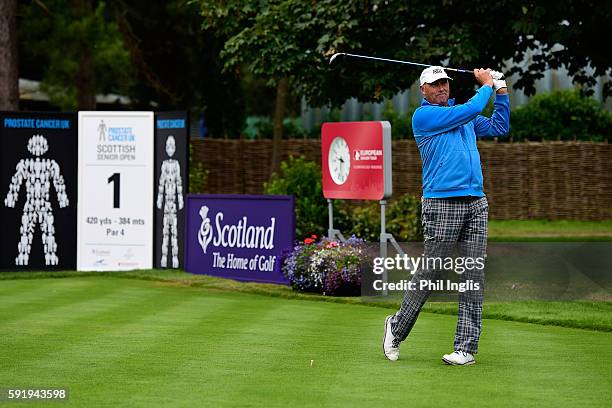 Mike Harwood of Australia in action during the first round of the Prostate Cancer UK Scottish Senior Open played on the Fidra Course, Archerfield...