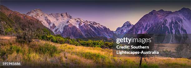 view to aoraki mount cook, south island of new zealand. - new zealand southern alps stock pictures, royalty-free photos & images