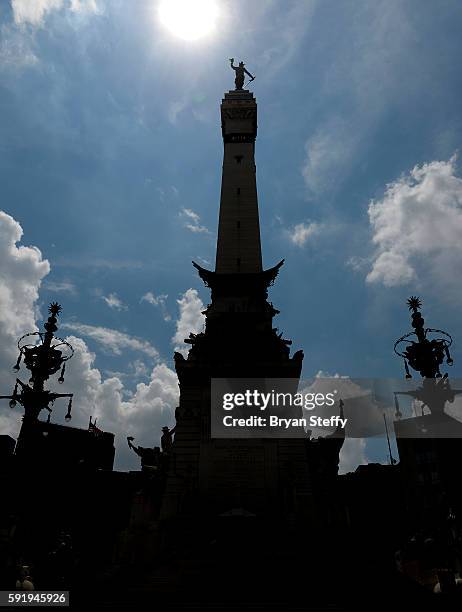 View of the Soldiers and Sailors Monument at Monument Circle in Indianapolis, IN on August 09, 2016.