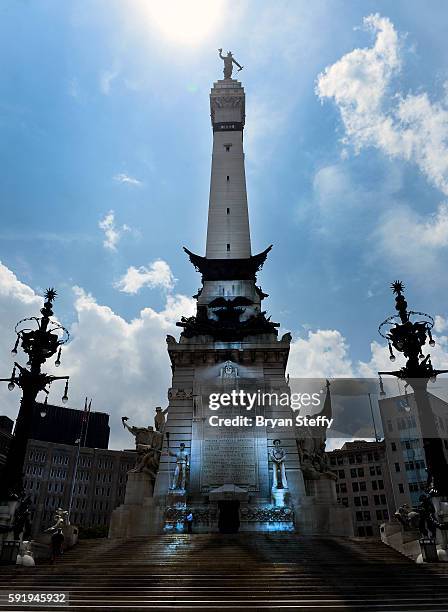 View of the Soldiers and Sailors Monument at Monument Circle in Indianapolis, IN on August 09, 2016.