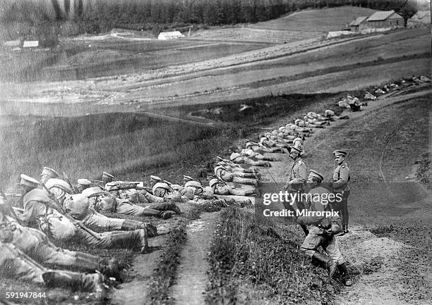 Russian infantry in trenches during their battle against the Austro-Hungarian army on the Eastern front in World War One Circa August 1914