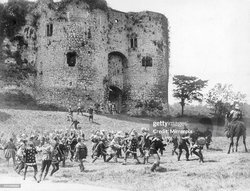Filming of silent film Ivanhoe, on location at Chepstow Castle (Welsh: Cas-gwent), located in Chepstow, Monmouthshire in