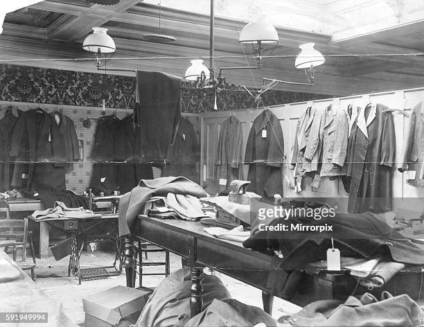 Unfinished garments in tailors workroom, due to tailors strike, Conduit Street, London, 7th May 1912.