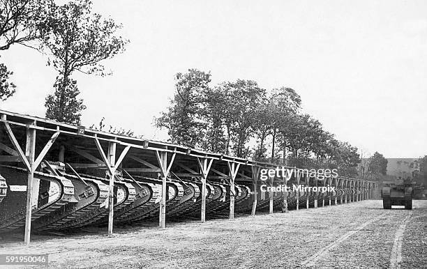 Tanks in their stables following their performance at the Battle of Hamel. Australians soldiers had been highly sceptical of the value of these...