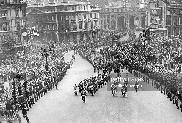 British and Allied troops seen here march through Trafalgar Square during the Victory Parade to celebrate the end of the first world war on 19 July...