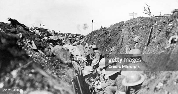 Shrapnel bursting over Canadian troops sheltering in a reserve trench during the The Battle of Flers Courcelette 15 - 22 September. A battle within...