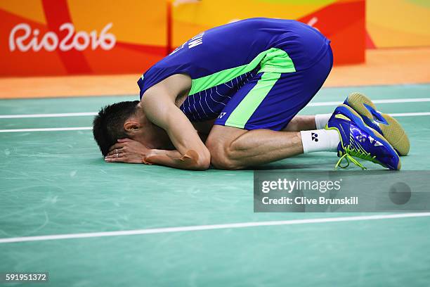 Chong Wei Lee of Malaysia celebrates after defeating Dan Lin of China during the Men's Singles Badminton Semi-final against on Day 14 of the Rio 2016...