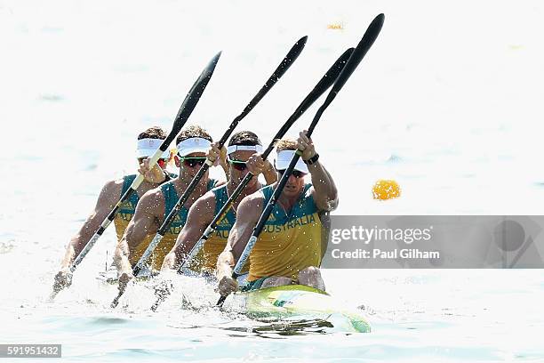 Ken Wallace, Riley Fitzsimmons, Jacob Clear and Jordan Wood of Australia compete in the Men's Kayak Four 1000m on Day 14 of the Rio 2016 Olympic...