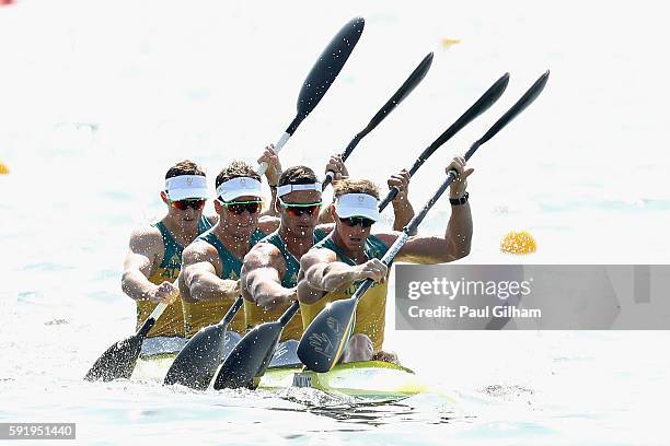 Ken Wallace, Riley Fitzsimmons, Jacob Clear and Jordan Wood of Australia compete in the Men's Kayak Four 1000m on Day 14 of the Rio 2016 Olympic...