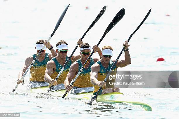 Ken Wallace, Riley Fitzsimmons, Jacob Clear and Jordan Wood of Australia compete in the Men's Kayak Four 1000m on Day 14 of the Rio 2016 Olympic...