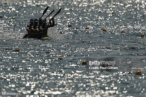 Ken Wallace, Riley Fitzsimmons, Jacob Clear and Jordan Wood of Australia compete in the Men's Kayak Four 1000m on Day 14 of the Rio 2016 Olympic...
