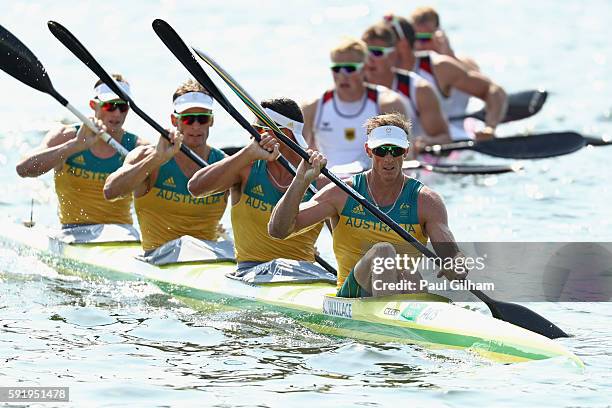 Ken Wallace, Riley Fitzsimmons, Jacob Clear and Jordan Wood of Australia compete in the Men's Kayak Four 1000m on Day 14 of the Rio 2016 Olympic...