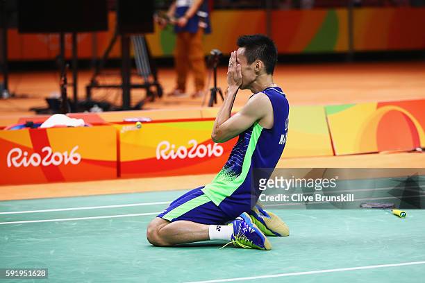 Chong Wei Lee of Malaysia celebrates after defeating Dan Lin of China during the Men's Singles Badminton Semi-final against on Day 14 of the Rio 2016...
