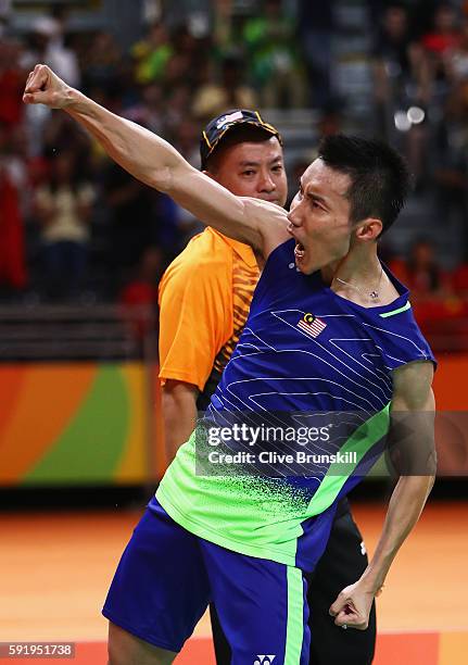 Chong Wei Lee of Malaysia celebrates after defeating Dan Lin of China during the Men's Singles Badminton Semi-final on Day 14 of the Rio 2016 Olympic...