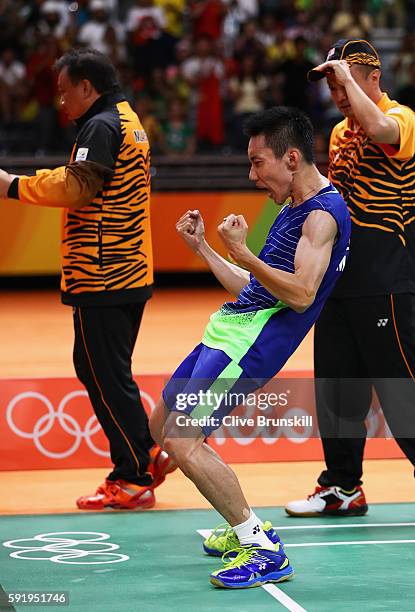 Chong Wei Lee of Malaysia celebrates after defeating Dan Lin of China during the Men's Singles Badminton Semi-final on Day 14 of the Rio 2016 Olympic...