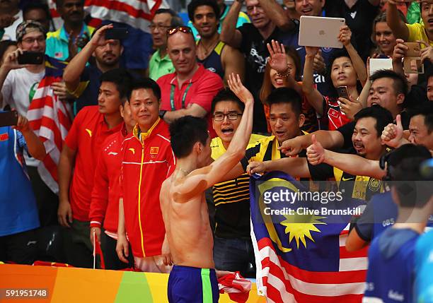 Chong Wei Lee of Malaysia celebrates after defeating Dan Lin of China during the Men's Singles Badminton Semi-final on Day 14 of the Rio 2016 Olympic...