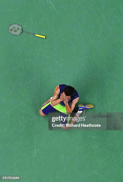 Chong Wei Lee of Malaysia celebrates after defeating Dan Lin of China during the Men's Singles Badminton Semi-final against on Day 14 of the Rio 2016...