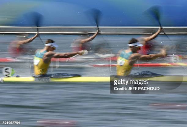 Australia's Jacob Clear and Australia's Jordan Wood compete in the Men's Kayak Four 1000m semi-final at the Lagoa Stadium during the Rio 2016 Olympic...