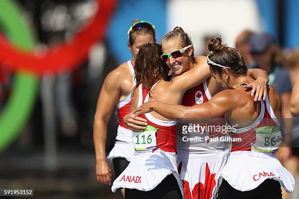 Andreanne Langlois, Emilie Fournel, Genevieve Orton and Kc Fraser of Canada celebrate after the Women's Kayak Four 500m Semifinal on Day 14 of the...