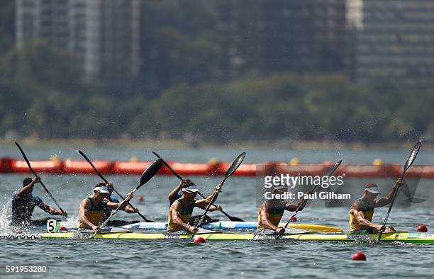 Ken Wallace, Riley Fitzsimmons, Jacob Clear and Jordan Wood compete in the Men's Kayak Four 1000m on Day 14 of the Rio 2016 Olympic Games at the...