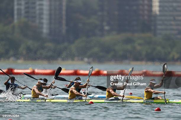 Ken Wallace, Riley Fitzsimmons, Jacob Clear and Jordan Wood compete in the Men's Kayak Four 1000m on Day 14 of the Rio 2016 Olympic Games at the...