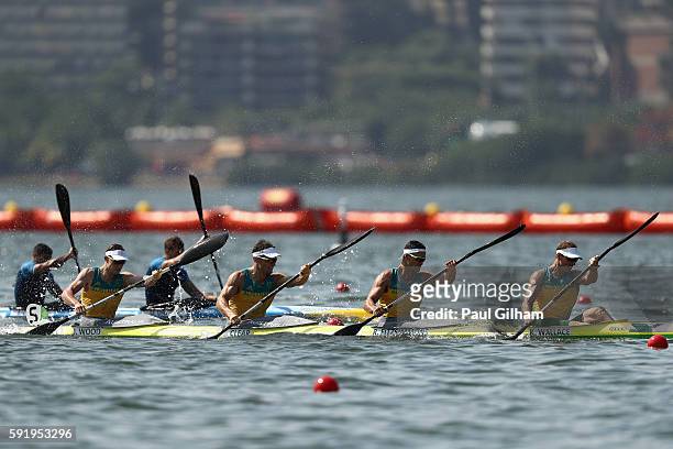 Ken Wallace, Riley Fitzsimmons, Jacob Clear and Jordan Wood compete in the Men's Kayak Four 1000m on Day 14 of the Rio 2016 Olympic Games at the...