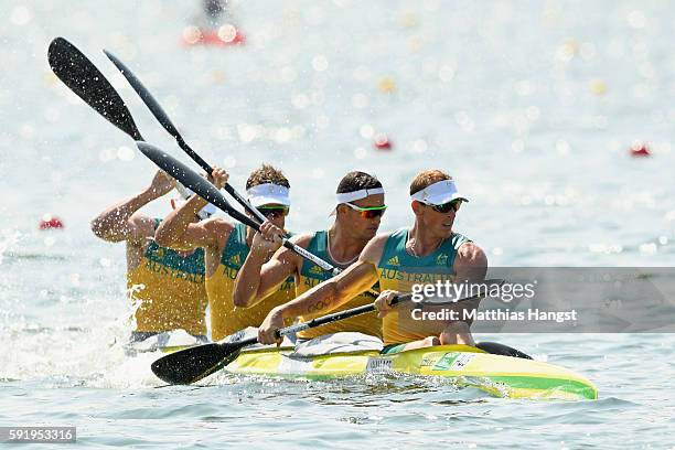 Ken Wallace, Riley Fitzsimmons, Jacob Clear and Jordan Wood compete in the Men's Kayak Four 1000m on Day 14 of the Rio 2016 Olympic Games at the...